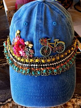 Hand Crafted Blue Denim Baseball Cap with Gold Bicycle & Pink Floral Accents